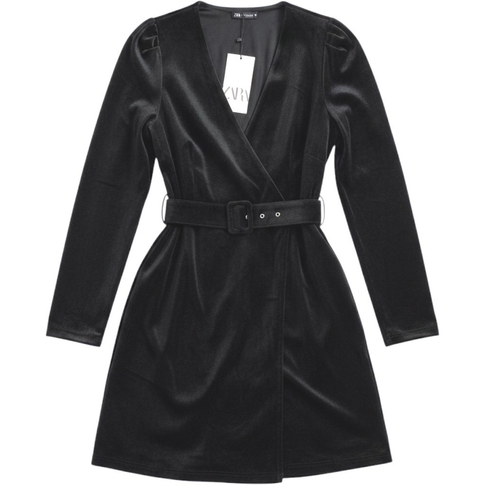 Zara Wrap Mini Dress Black Faux Suede Belted Puff‎ Sleeve Women Large NWT